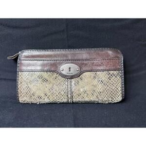 Fossil Women's Brown Leather Zip Around Wallet Faux Snakeskin